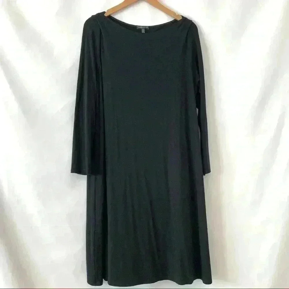 Eileen Fisher black long sleeve midi shift dress